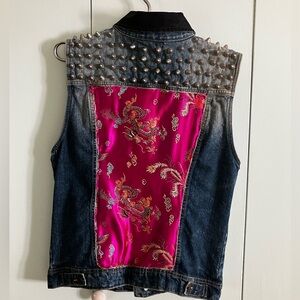 Bershka custom studded Denim Vest with Black Collar and Asian style backpatch